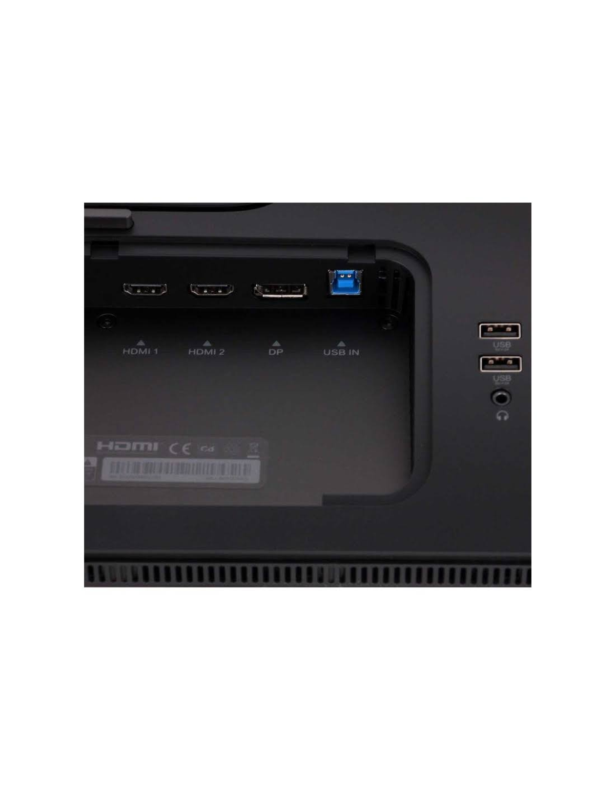 Zbliżenie tylnego panelu monitora z portami HDMI, DP, USB, USB in oraz numerem seryjnym.