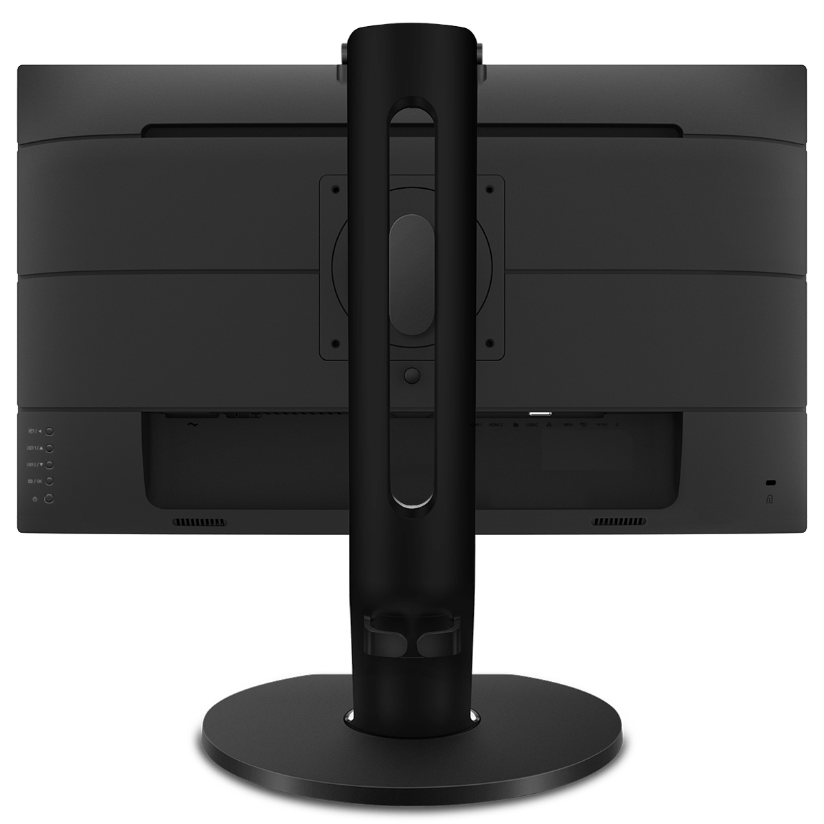Vista posteriore di un monitor nero. Ha un supporto nero spesso e varie porte.