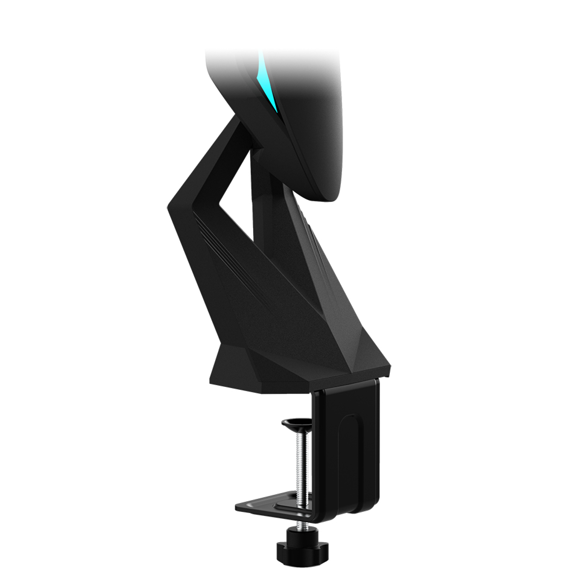 Czarny, kątowy, montowany na biurku wysięgnik. Zacisk na dole.