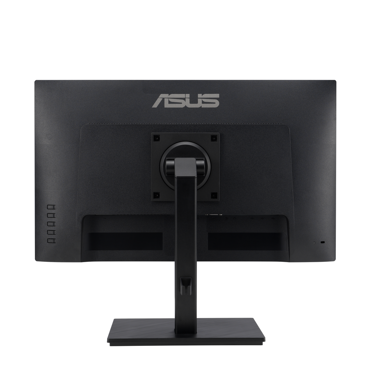 Rückseite eines schwarzen ASUS-Monitors. Der Markenname ist sichtbar. Er hat einen schwarzen Ständer.