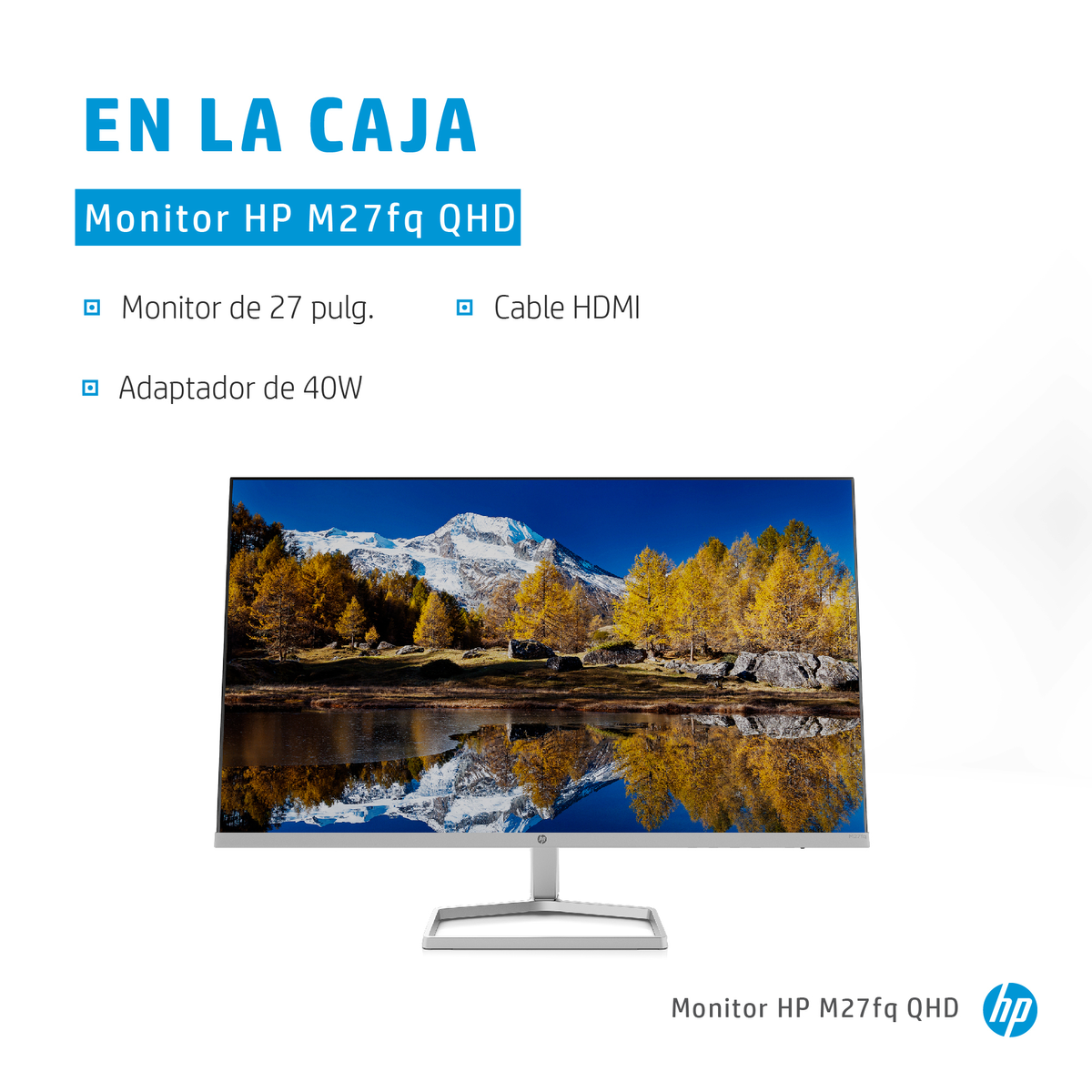 Ein Computermonitor in einer Box, zusammen mit seinem Zubehör. Text auf Spanisch.