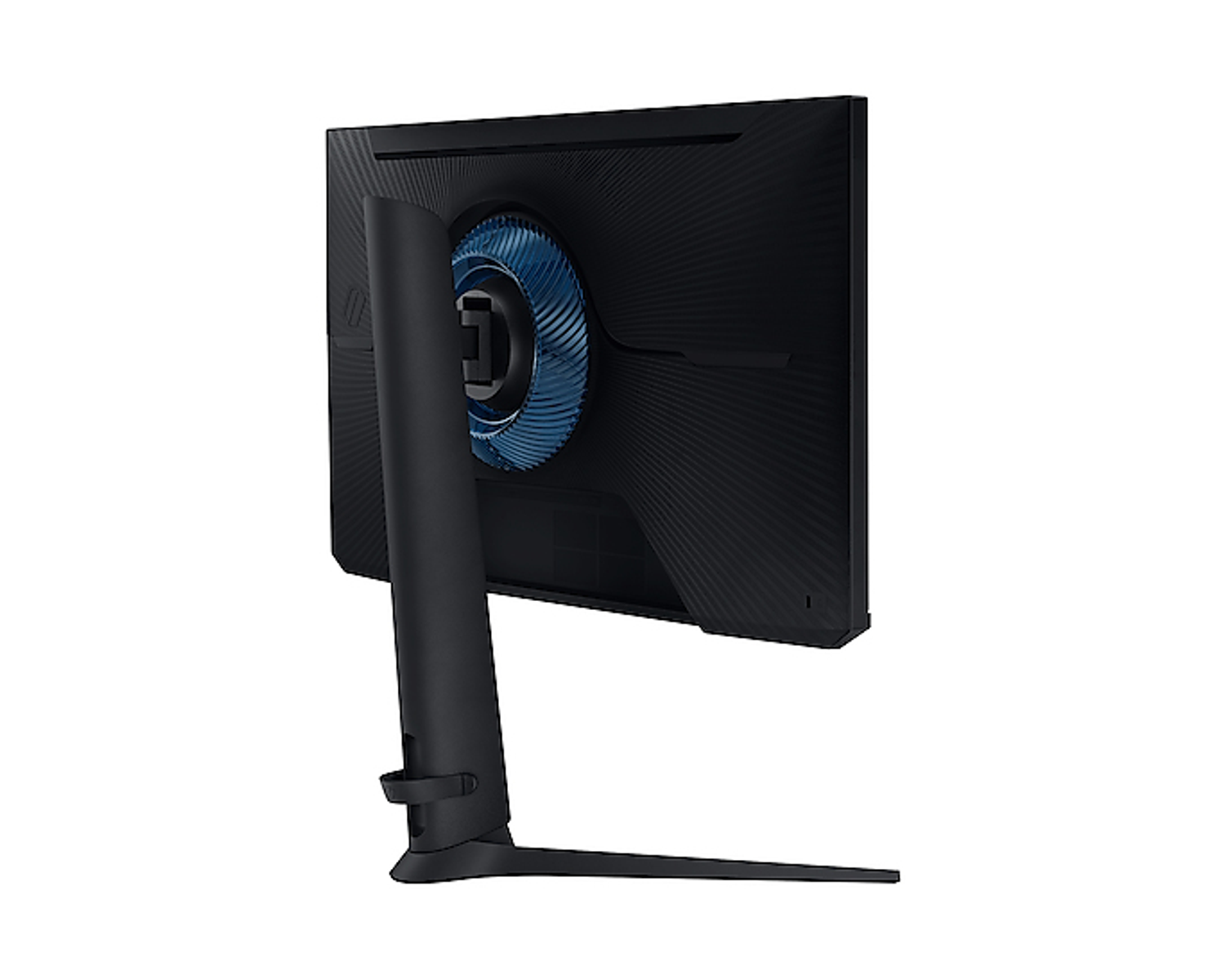 Un monitor da gioco nero, vista laterale angolata, con sistema di raffreddamento blu e supporto.