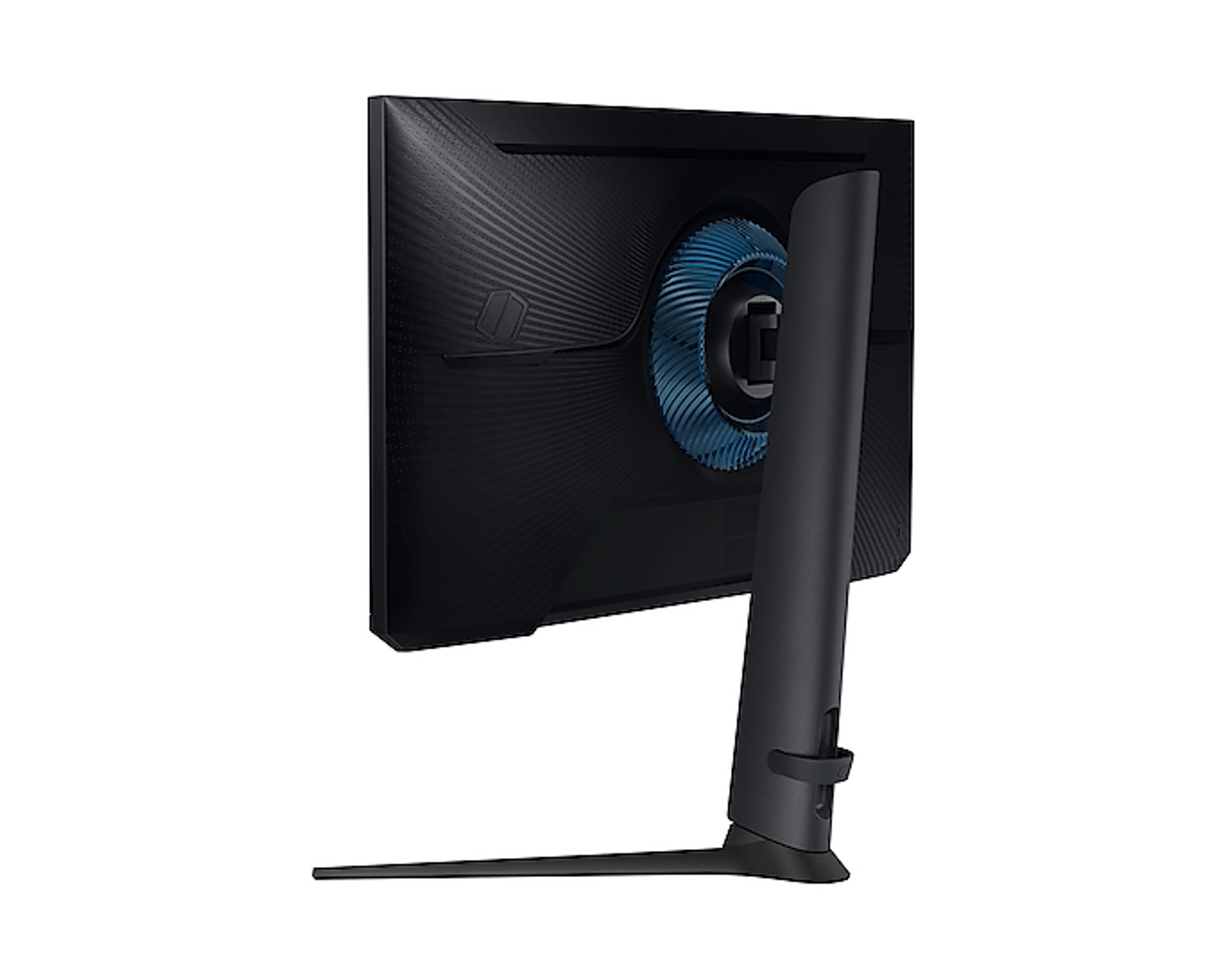 Un monitor Samsung nero e blu, vista laterale, con supporto.