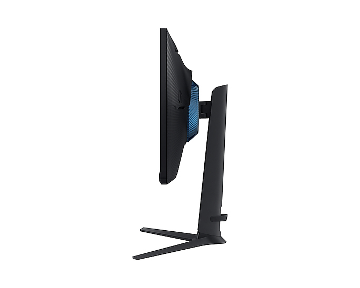 Monitor Samsung nero, vista laterale. Ha un design elegante e un accento blu.