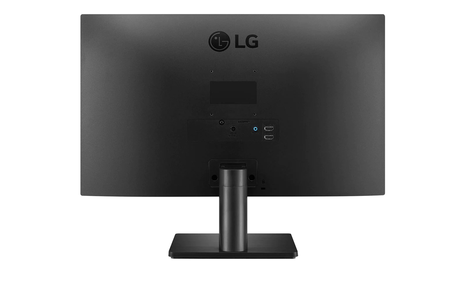 Retro di un monitor LG nero con porte. Anche il supporto è nero.