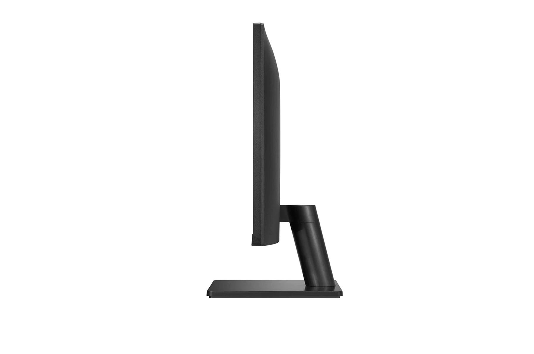 Monitor, vista laterale. Cornice nera sottile, supporto nero. Design minimalista, vista laterale.