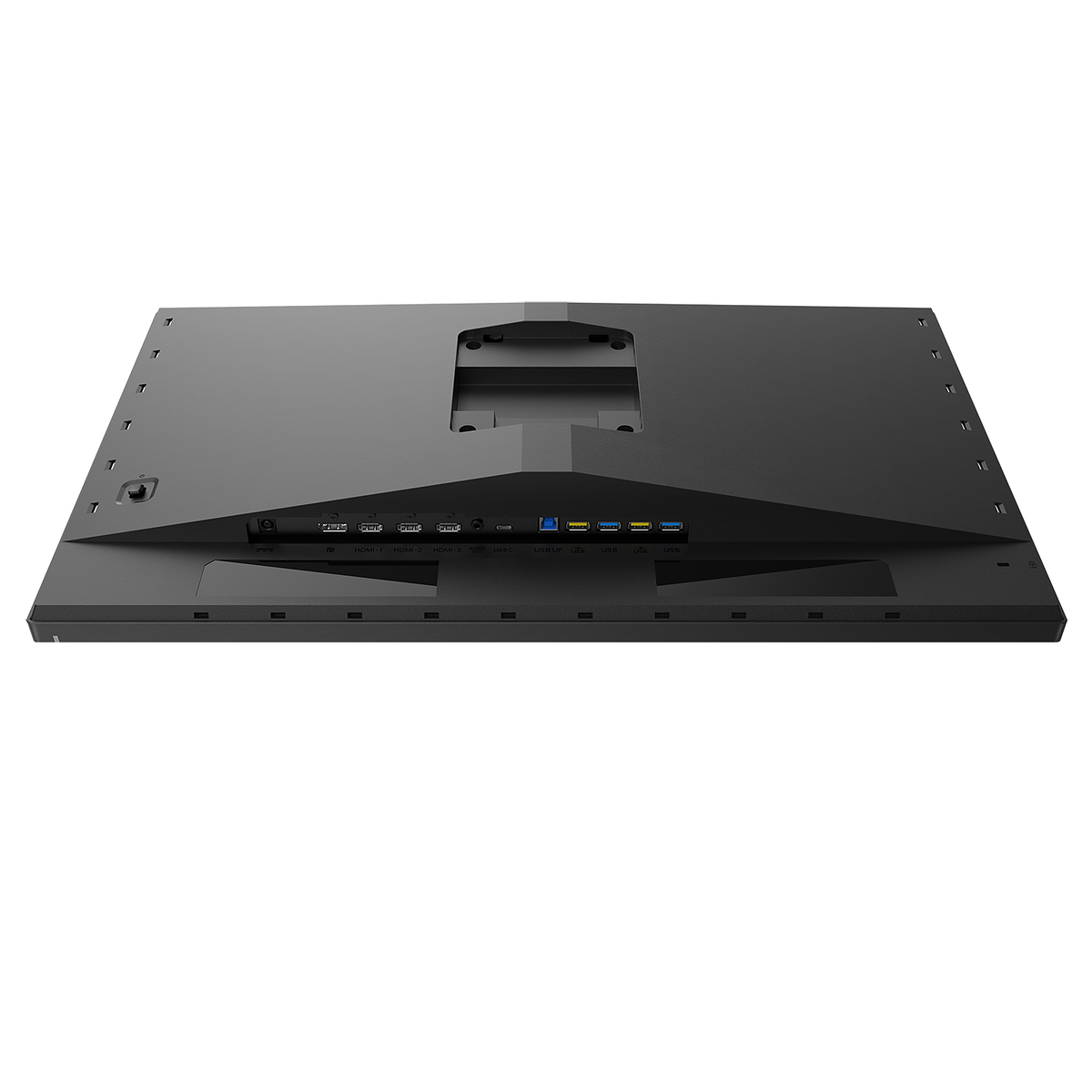 Vista posteriore di un monitor nero con varie porte. Sfondo bianco.