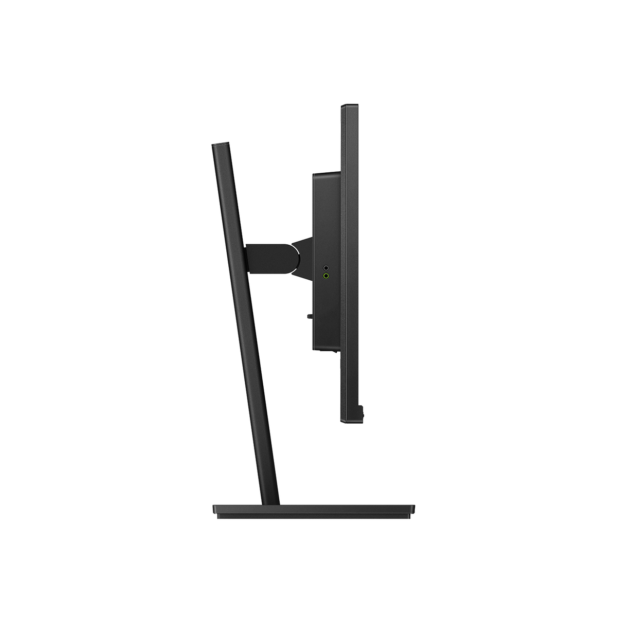 Zijaanzicht van een zwarte monitor op een standaard. Het heeft een zwarte standaard en een zwart frame.