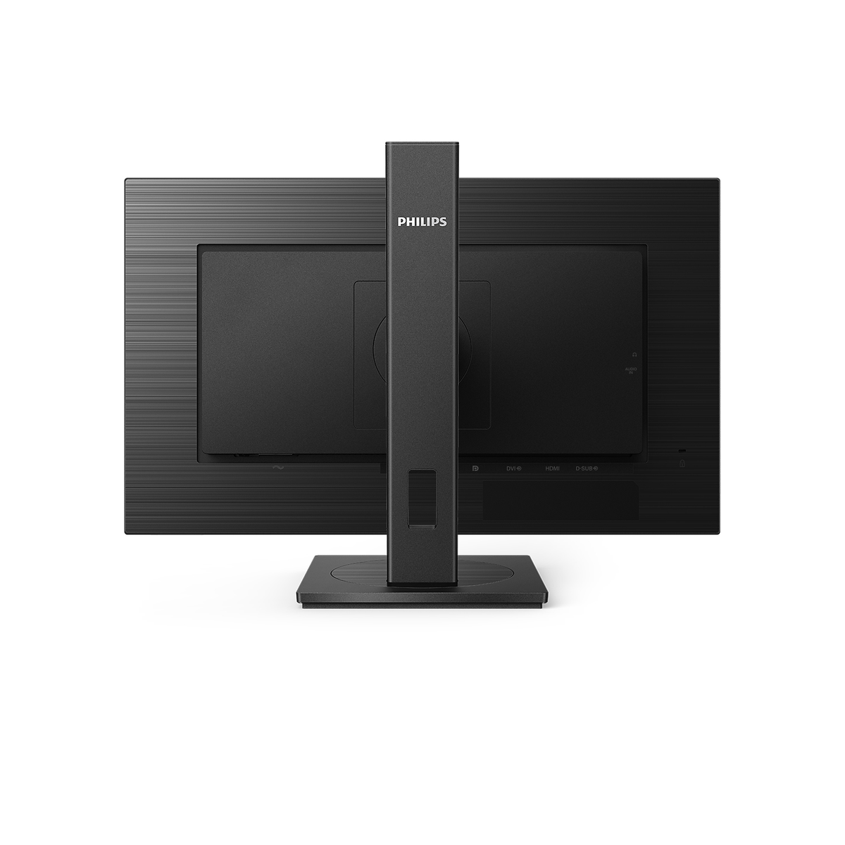 Achteraanzicht van een zwarte computermonitor met een standaard. Philips-logo zichtbaar.