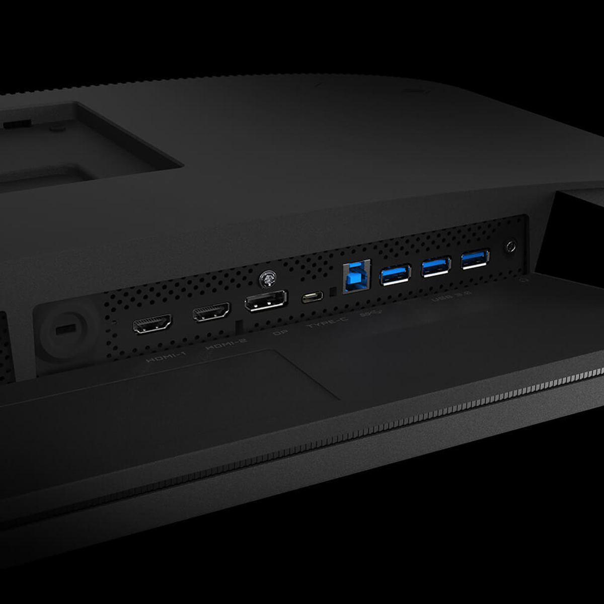 Rückseite eines schwarzen Monitors mit verschiedenen Anschlüssen: HDMI, USB und andere.