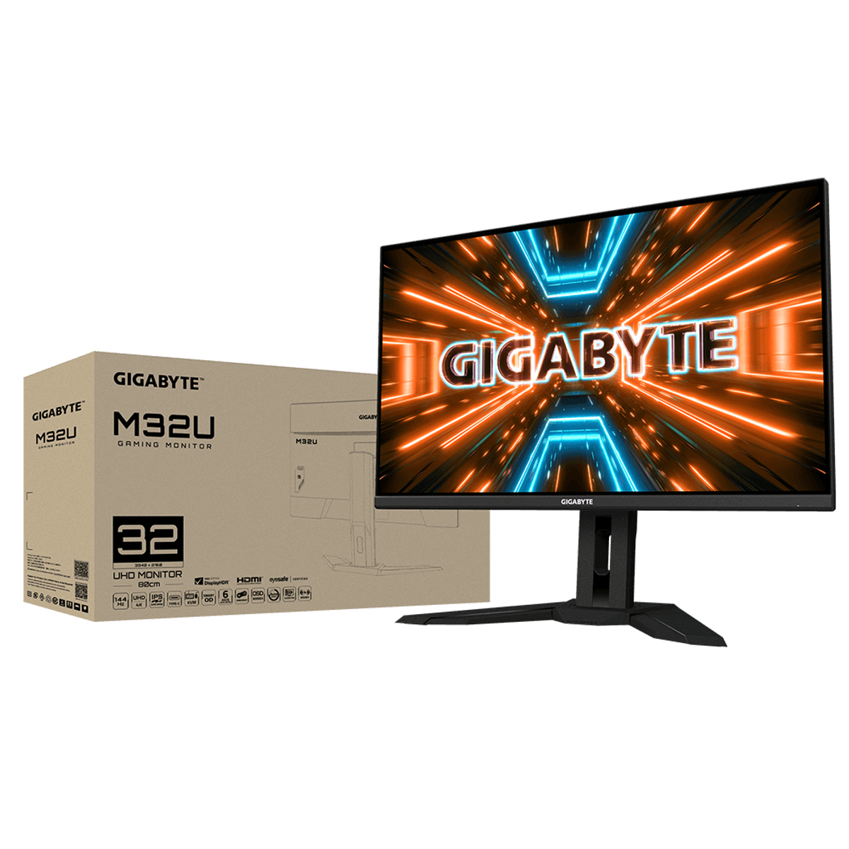 Gigabyte Gaming-Monitor mit Box. Bildschirm zeigt orange und blaue Grafiken.