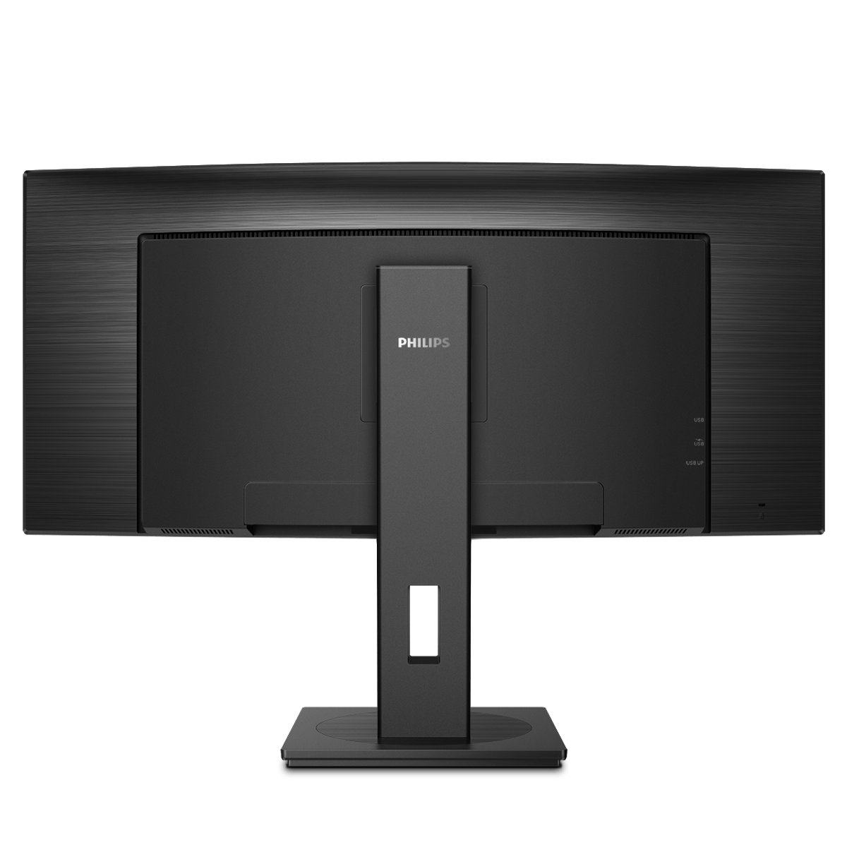 Widok z tyłu czarnego monitora Philips. Ma czarną podstawę i porty.