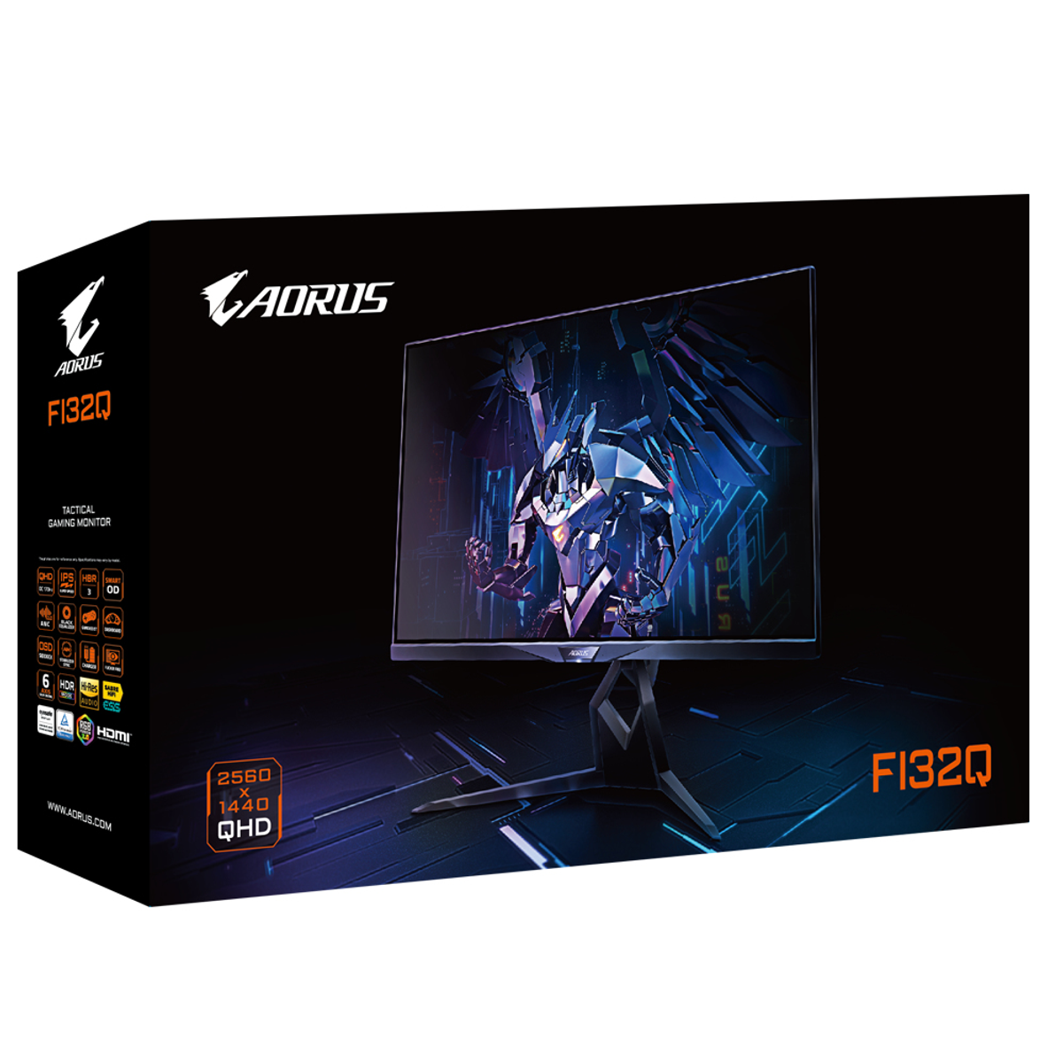 Una caja de monitor con una imagen de un monitor de juegos. La caja es negra y blanca, con texto y logotipos.