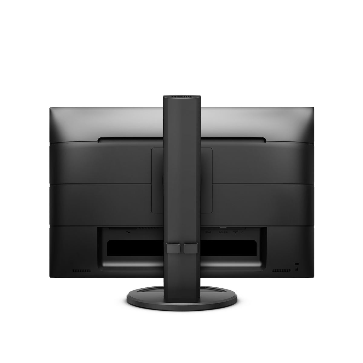 Black monitor, rear view. Stand and ports visible. White background.