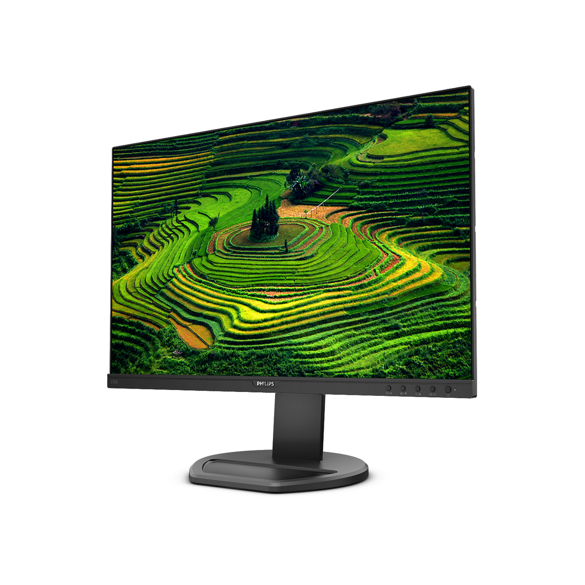A computer monitor displaying a green field landscape. The stand is black with the brand name Philips.
