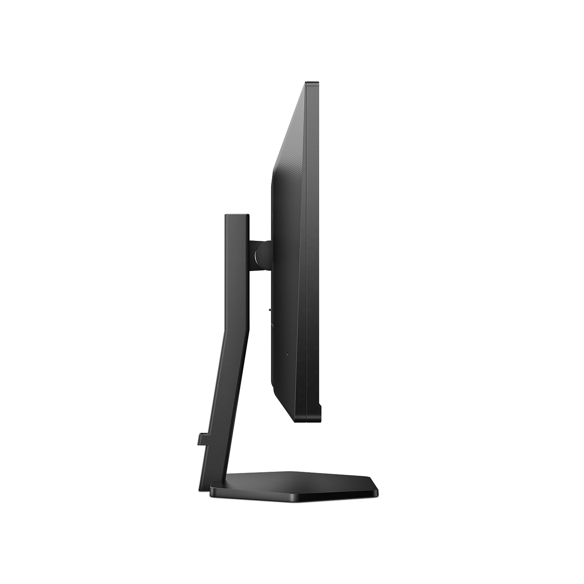 Vista laterale di un monitor nero. Il monitor è su un supporto, con cornice e schermo neri.