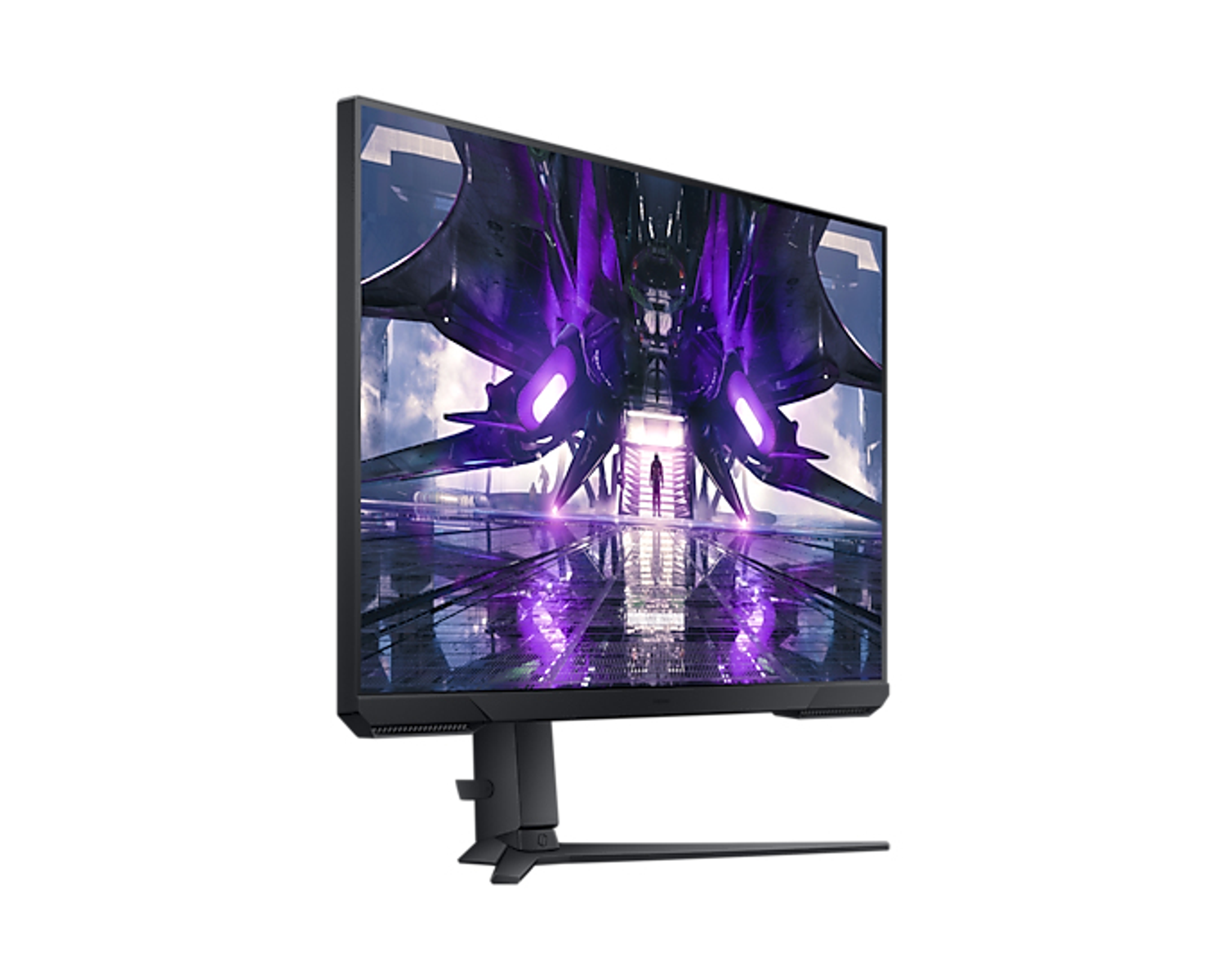 Monitor da gioco che mostra una scena futuristica viola, con un supporto.