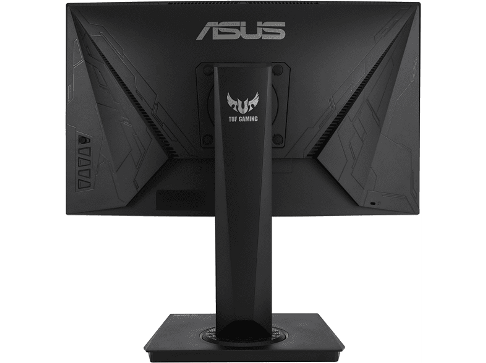 La parte trasera de un monitor gaming ASUS TUF negro. Tiene un soporte con el logo ASUS TUF.
