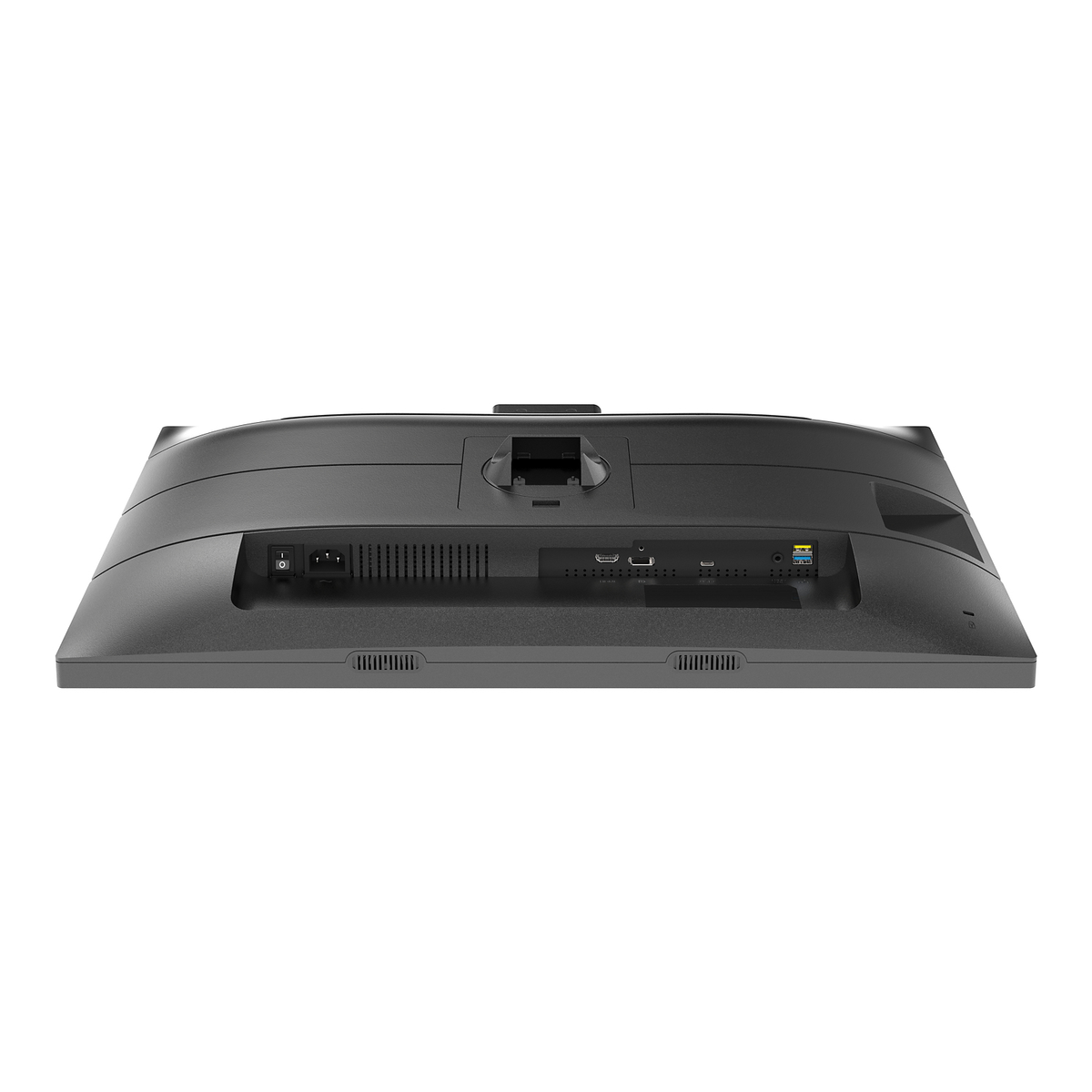 Parte trasera de un monitor negro, mostrando varios puertos y conexiones.