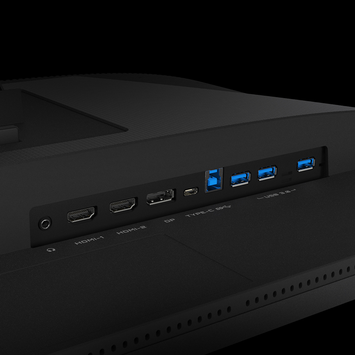 Rückseite eines schwarzen Monitors mit Anschlüssen. HDMI, USB, DP und Typ-C.