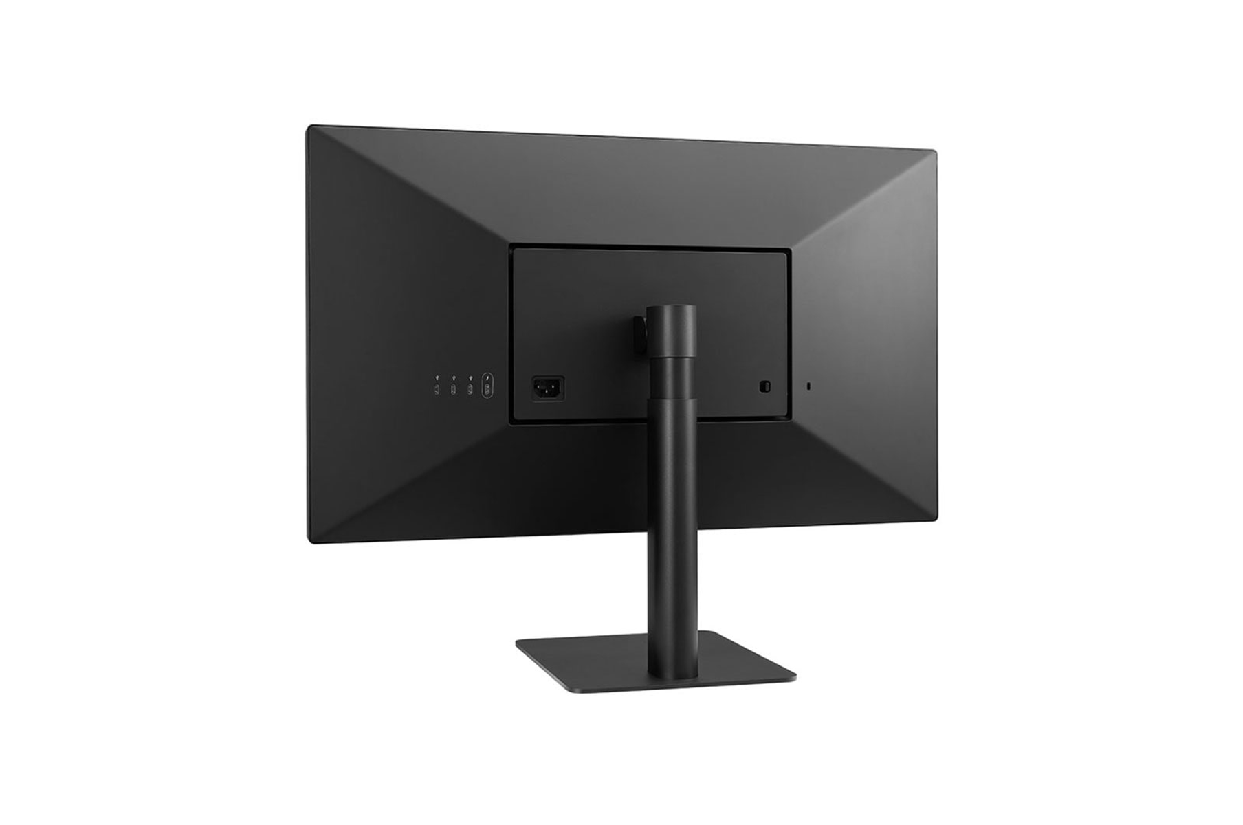 Schwarzer Computermonitor mit Ständer. Rückansicht, Strom- und andere Anschlüsse sichtbar.