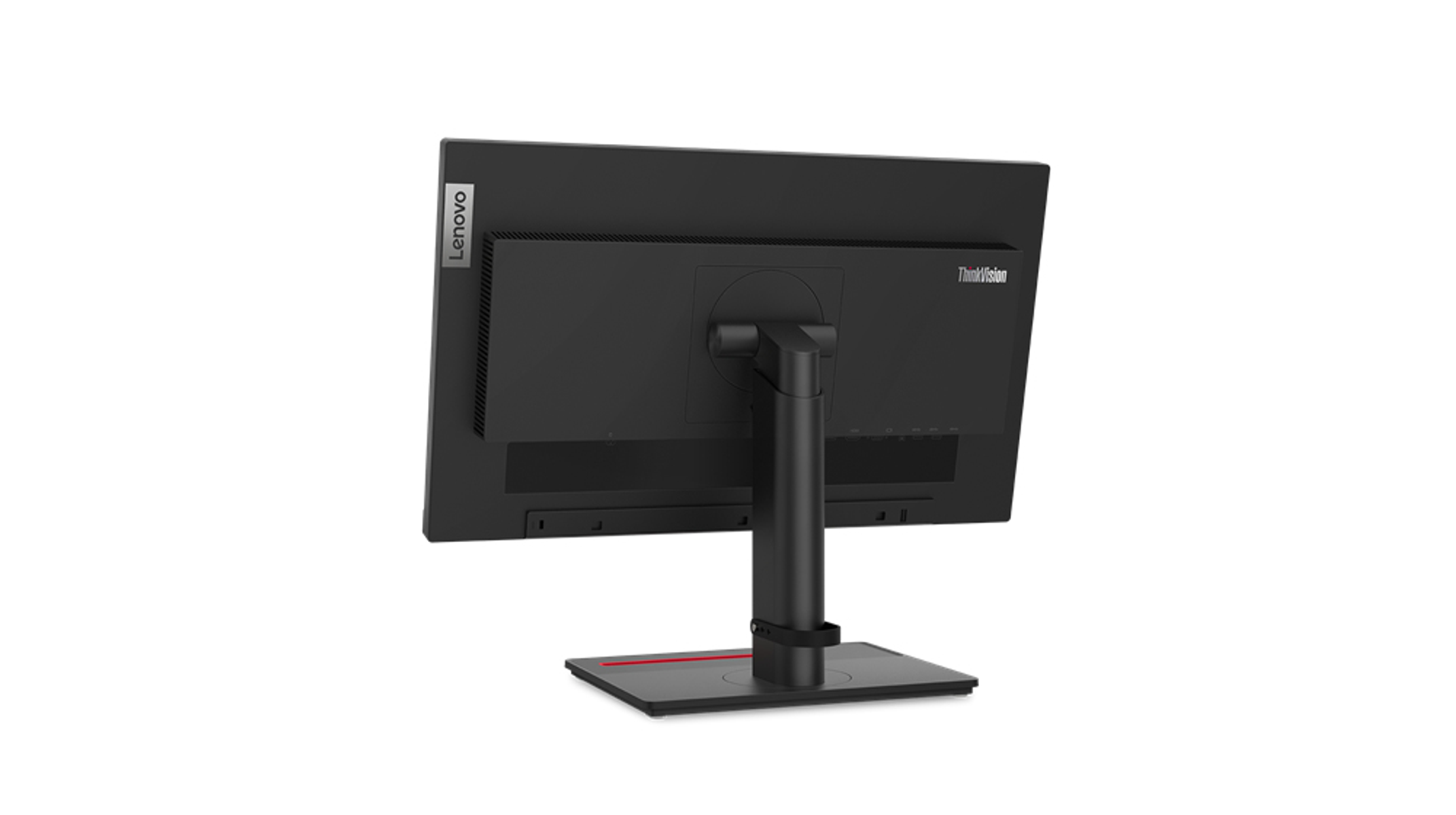 Rückansicht eines schwarzen Lenovo ThinkVision Monitors. Ständer befestigt. Weißer Hintergrund.