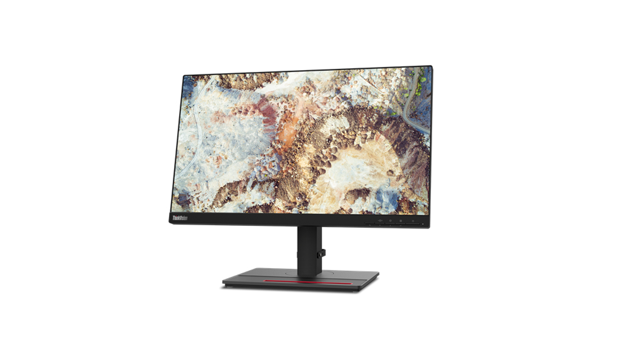 ThinkVision-Monitor, schräge Ansicht. Zeigt eine Luftaufnahme einer farbenfrohen, strukturierten Landschaft.
