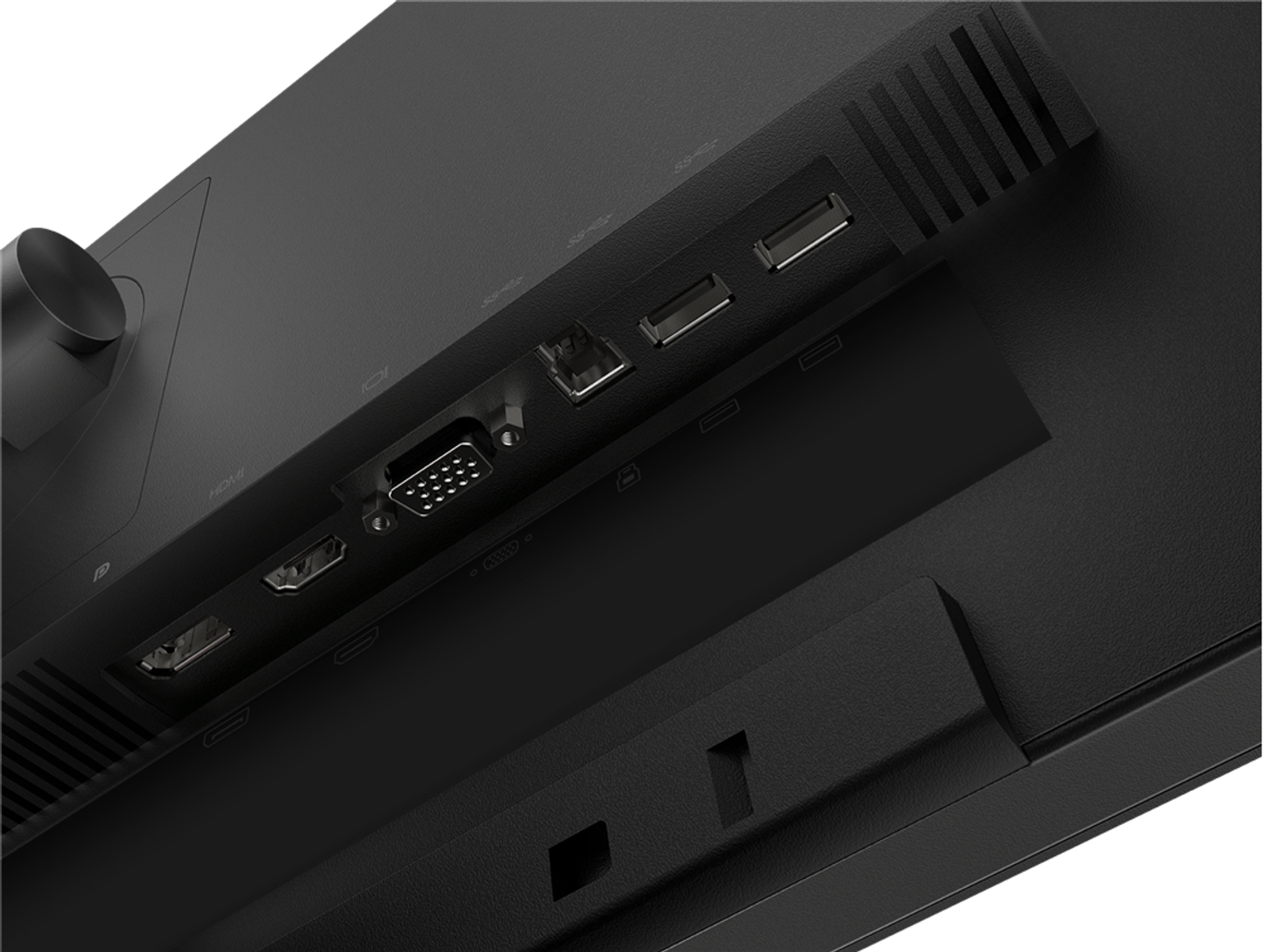 Nahaufnahme von Monitoranschlüssen. Enthält HDMI-, USB- und VGA-Anschlüsse.