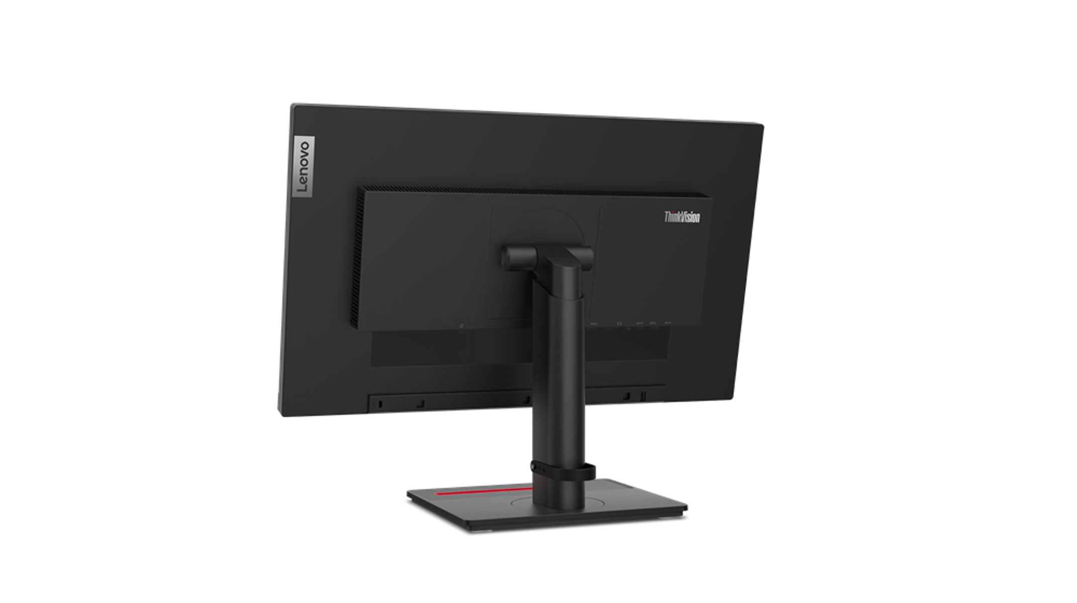 Vista trasera de un monitor Lenovo negro con soporte. El logotipo de ThinkVision es visible.