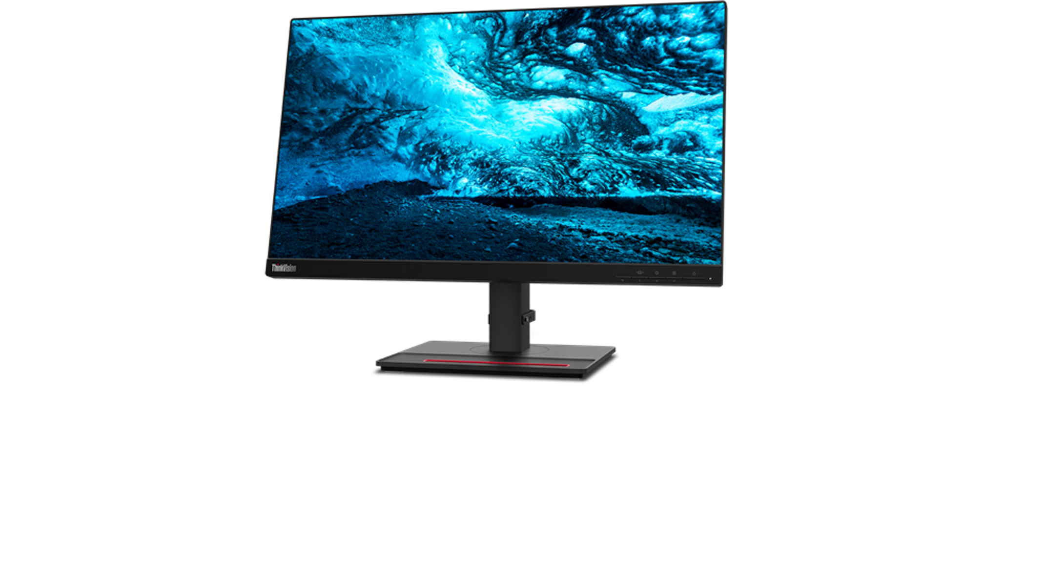 Monitor de computadora con una imagen abstracta azul, sobre un soporte negro sobre un fondo blanco.