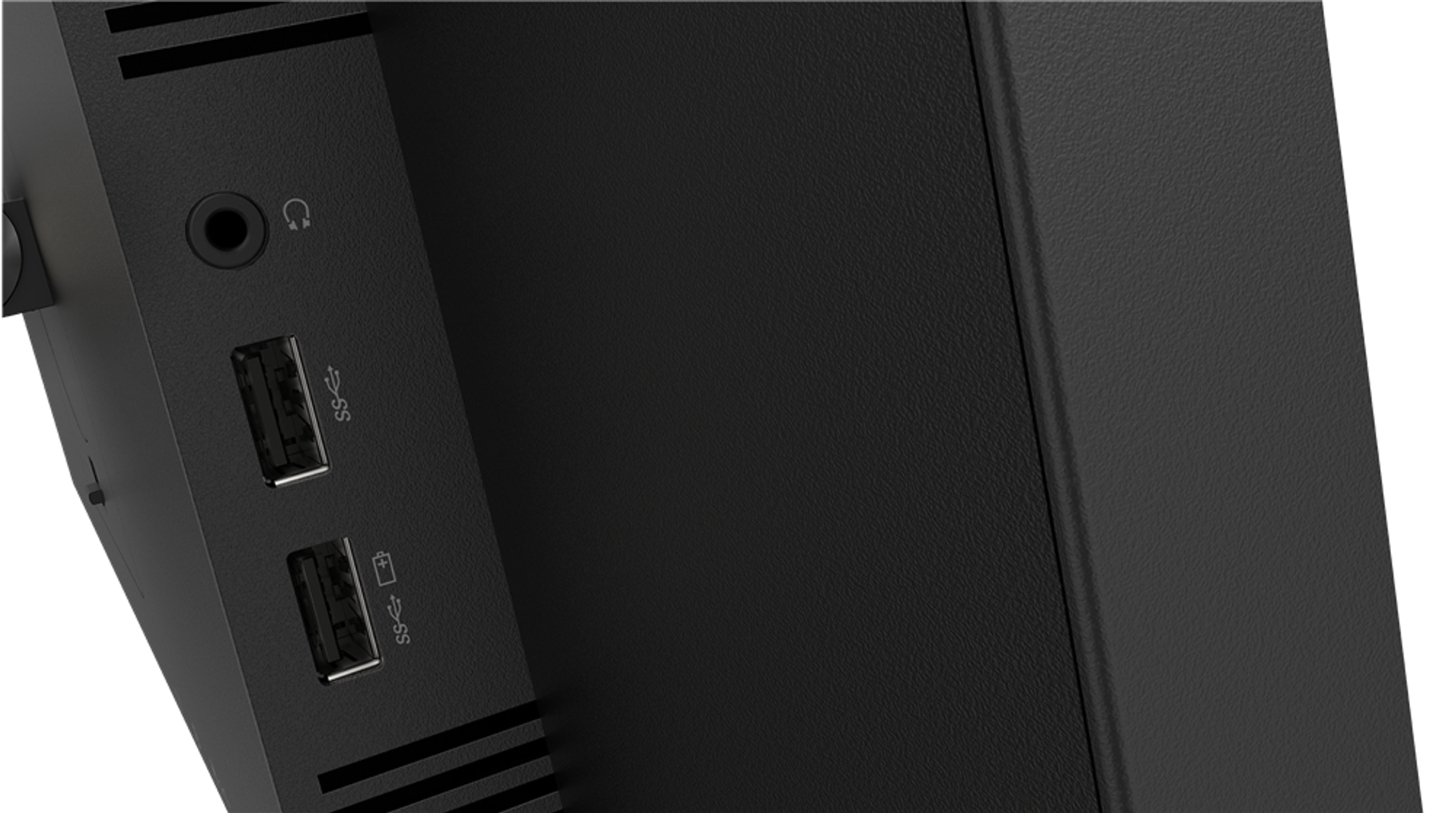Puertos de monitor negro. Dos puertos USB y una toma de auriculares. Primer plano.