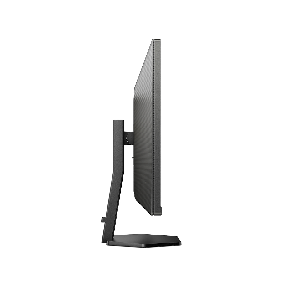 Vista laterale di un monitor nero, che mostra un design elegante e un supporto.