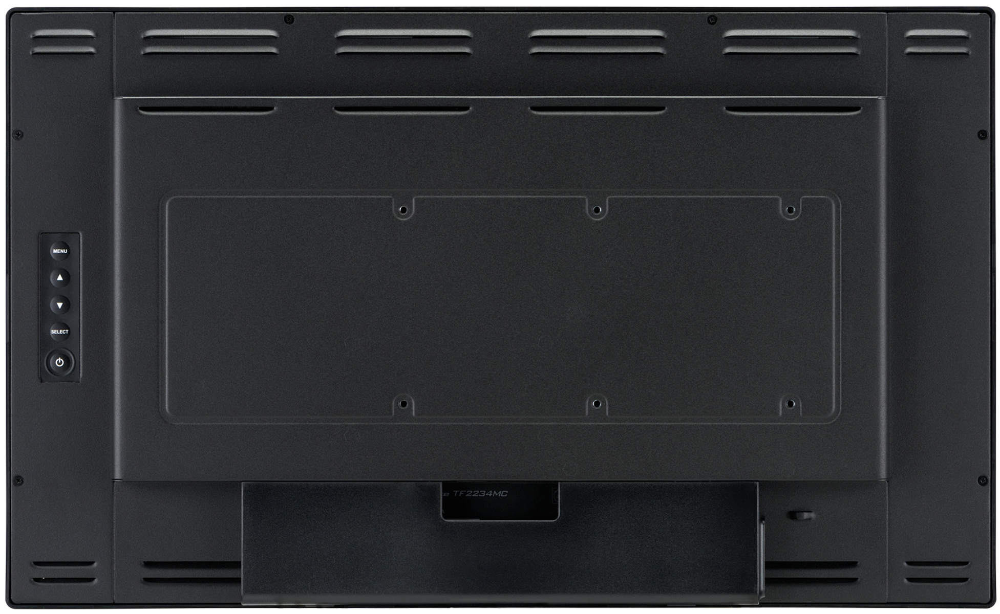 Tył czarnego monitora LG. Posiada menu, zasilanie i inne przyciski.