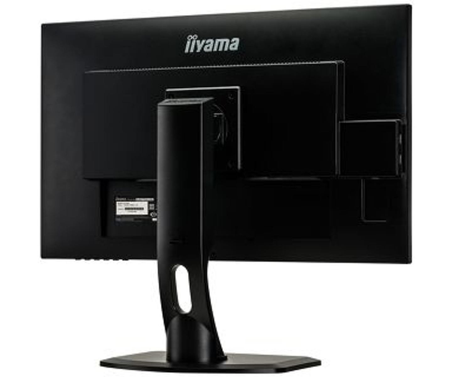 Rückansicht eines schwarzen Monitors. Display hat einen Ständer und das iiyama Logo.