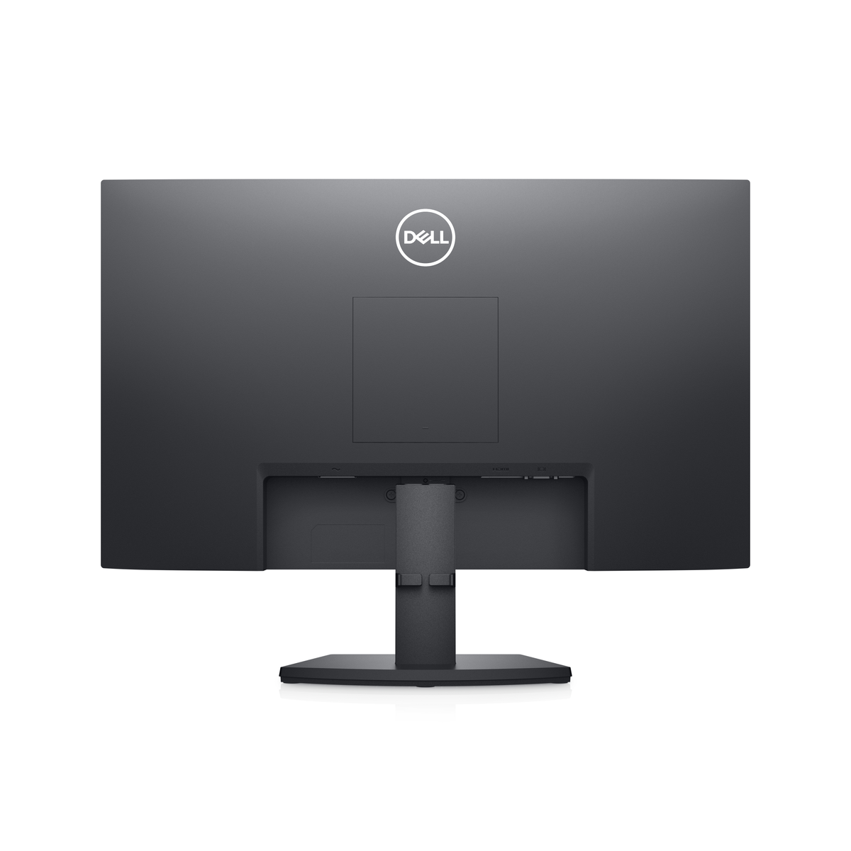 Back of a black Dell monitor.  Dell logo at top.  White background.