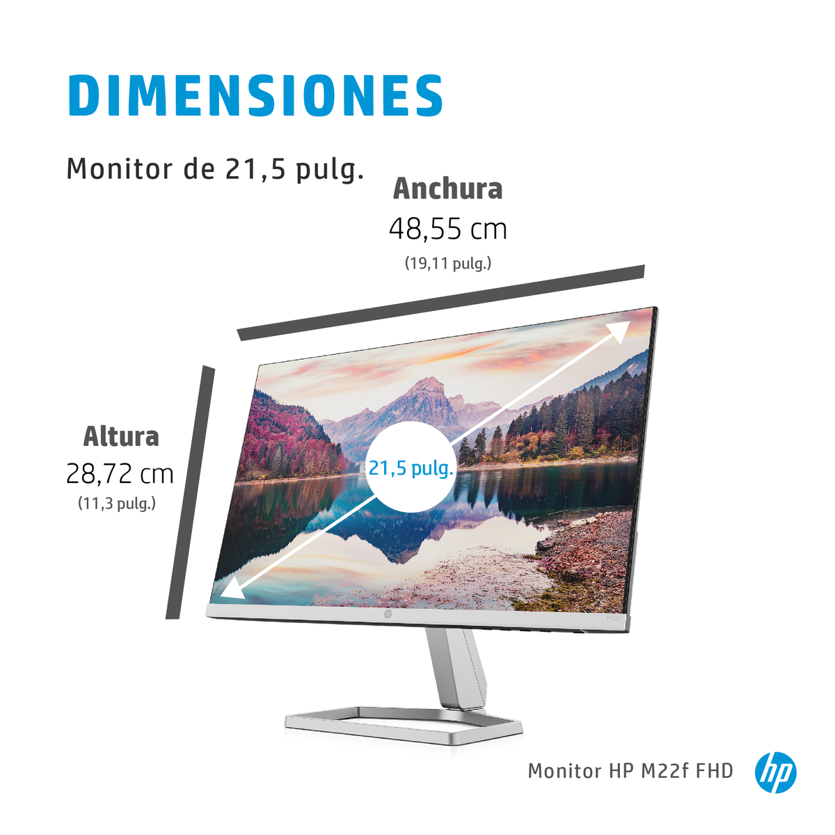 Gráfico de dimensiones del monitor, mostrando medidas de ancho y alto en cm y pulgadas.