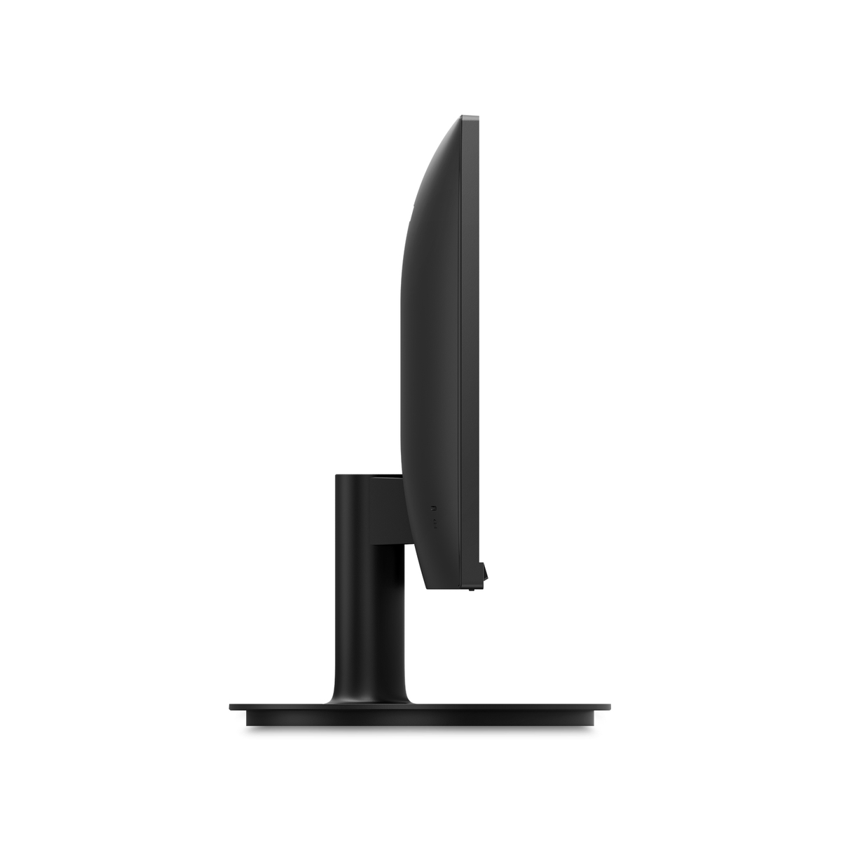 Czarny monitor komputera w widoku z profilu, z czarną podstawą, na białym tle.