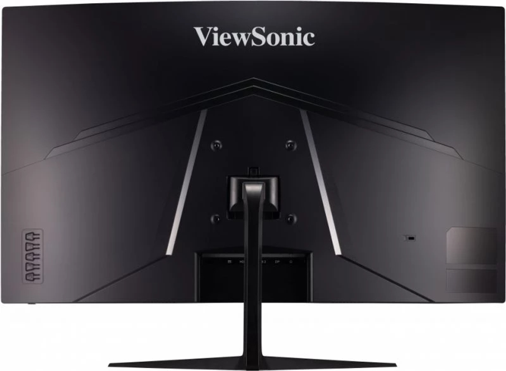 Rückseite eines schwarzen, gebogenen Monitors mit Ständer und ViewSonic-Logo.
