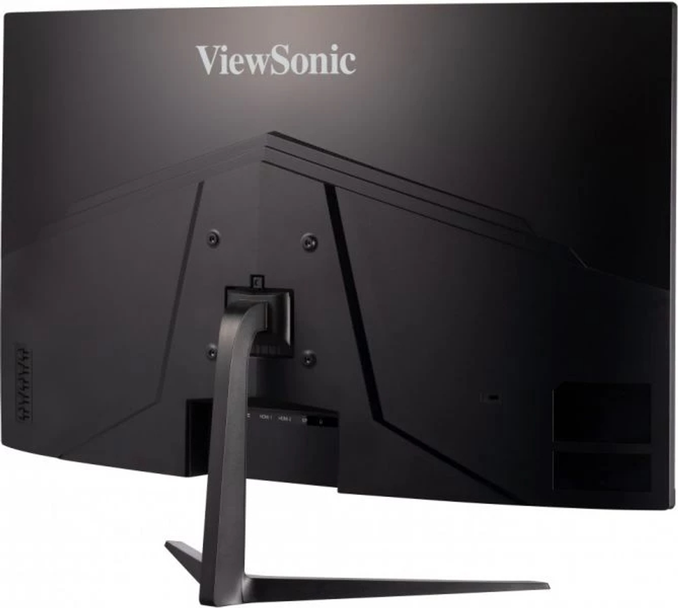 Die Rückseite eines schwarzen ViewSonic Monitors mit Ständer. Der Ständer ist schwarz.