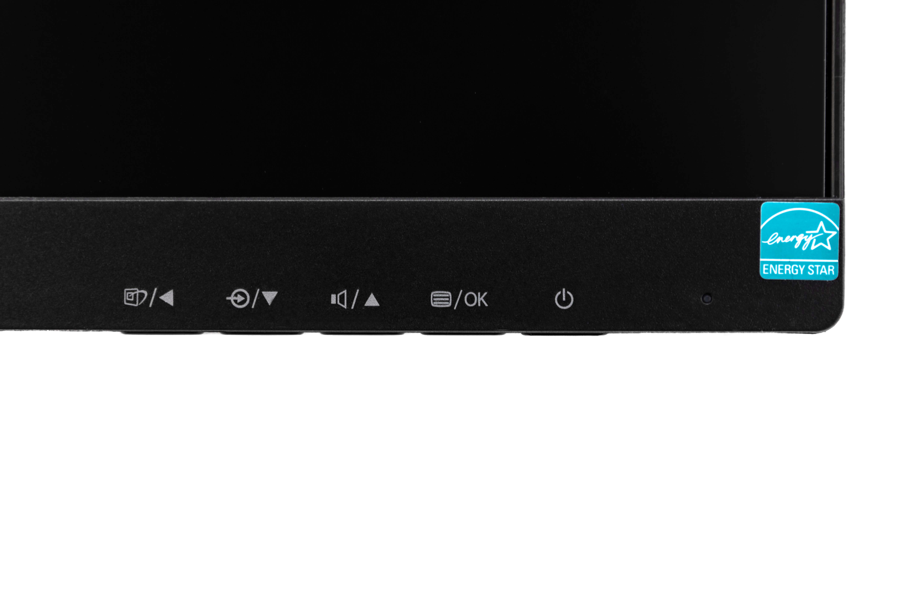 Zbliżenie dolnej części czarnego monitora, z przyciskami sterowania i etykietą Energy Star.