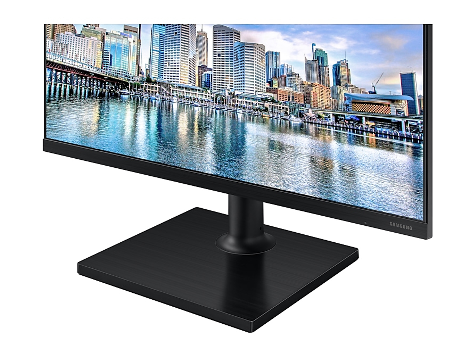 Monitor che mostra lo skyline. Su un supporto nero.