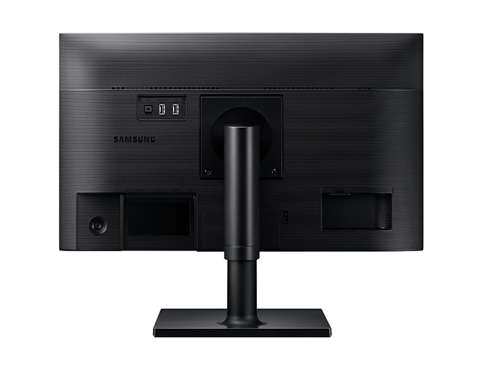 Retro di un monitor nero con porte, supporto e logo Samsung.
