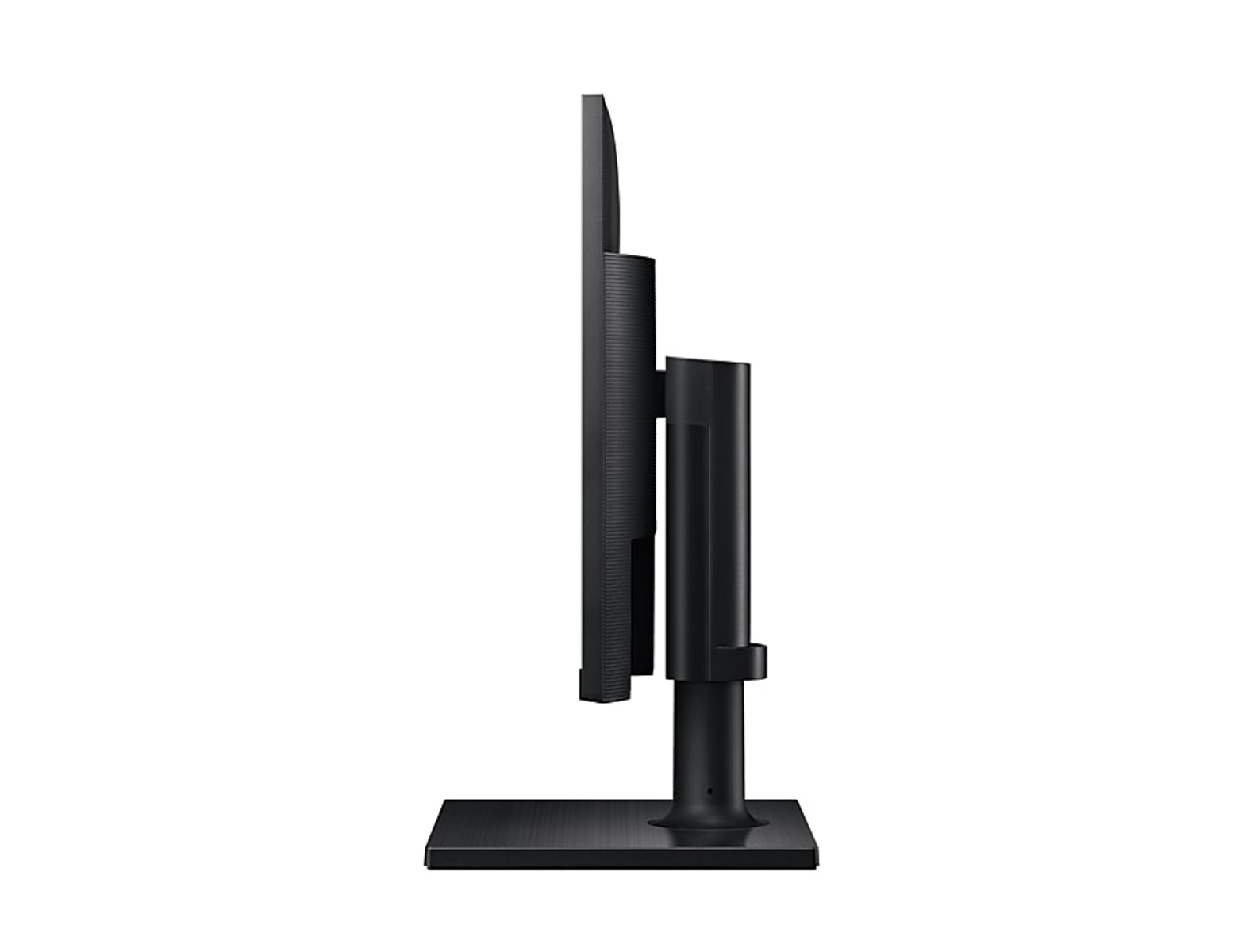 Vista laterale di un monitor per computer nero, con schermo e supporto, sfondo bianco.