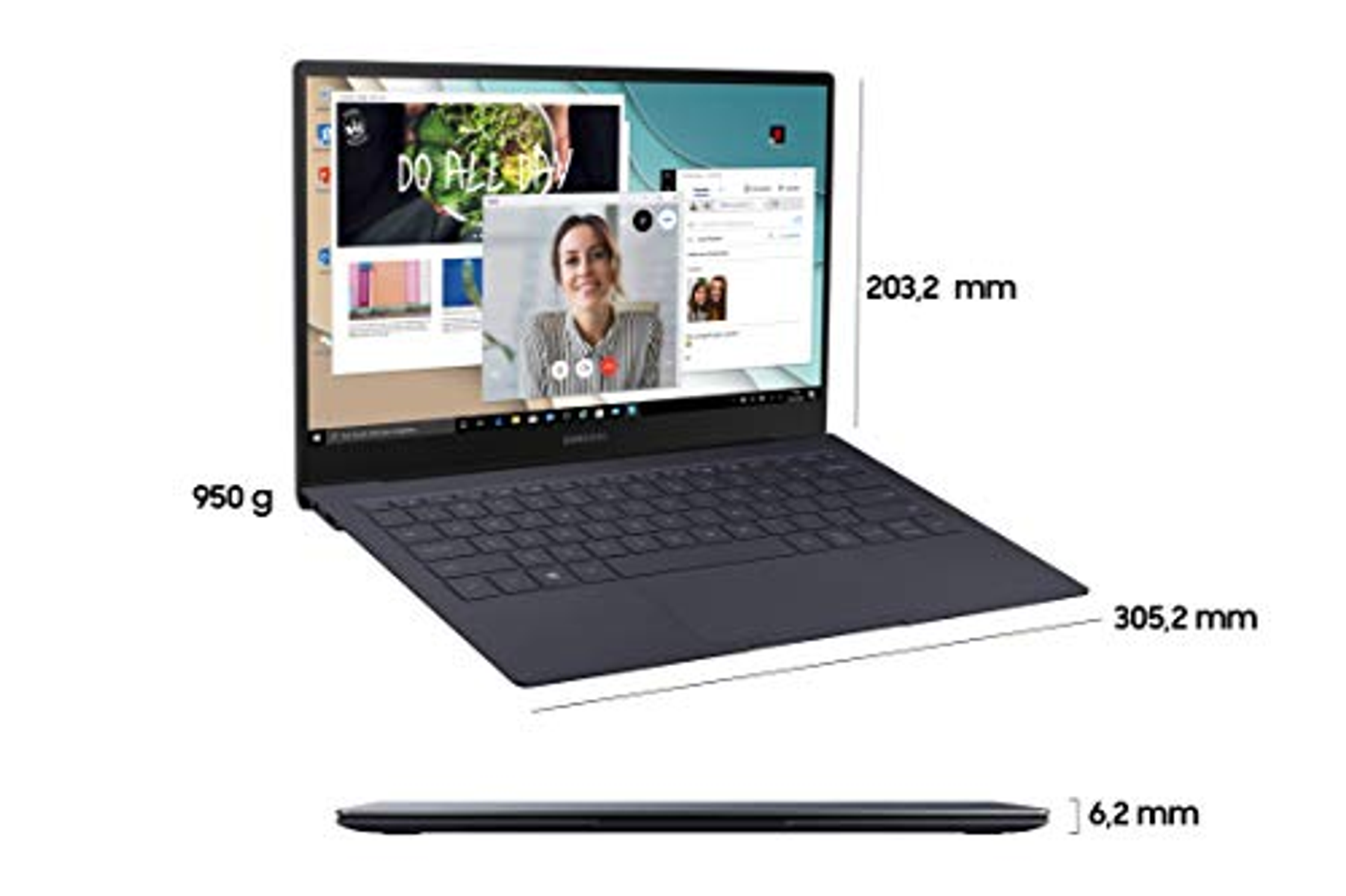 Laptop offen, Videogespräch zeigend. Abmessungen: 305,2 mm x 203,2 mm x 6,2 mm, 950 g.