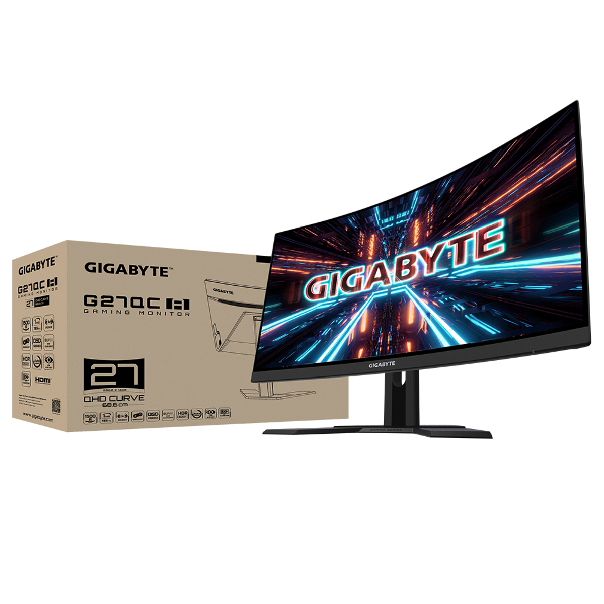 Monitor da gioco e scatola su sfondo bianco. Il monitor è curvo.