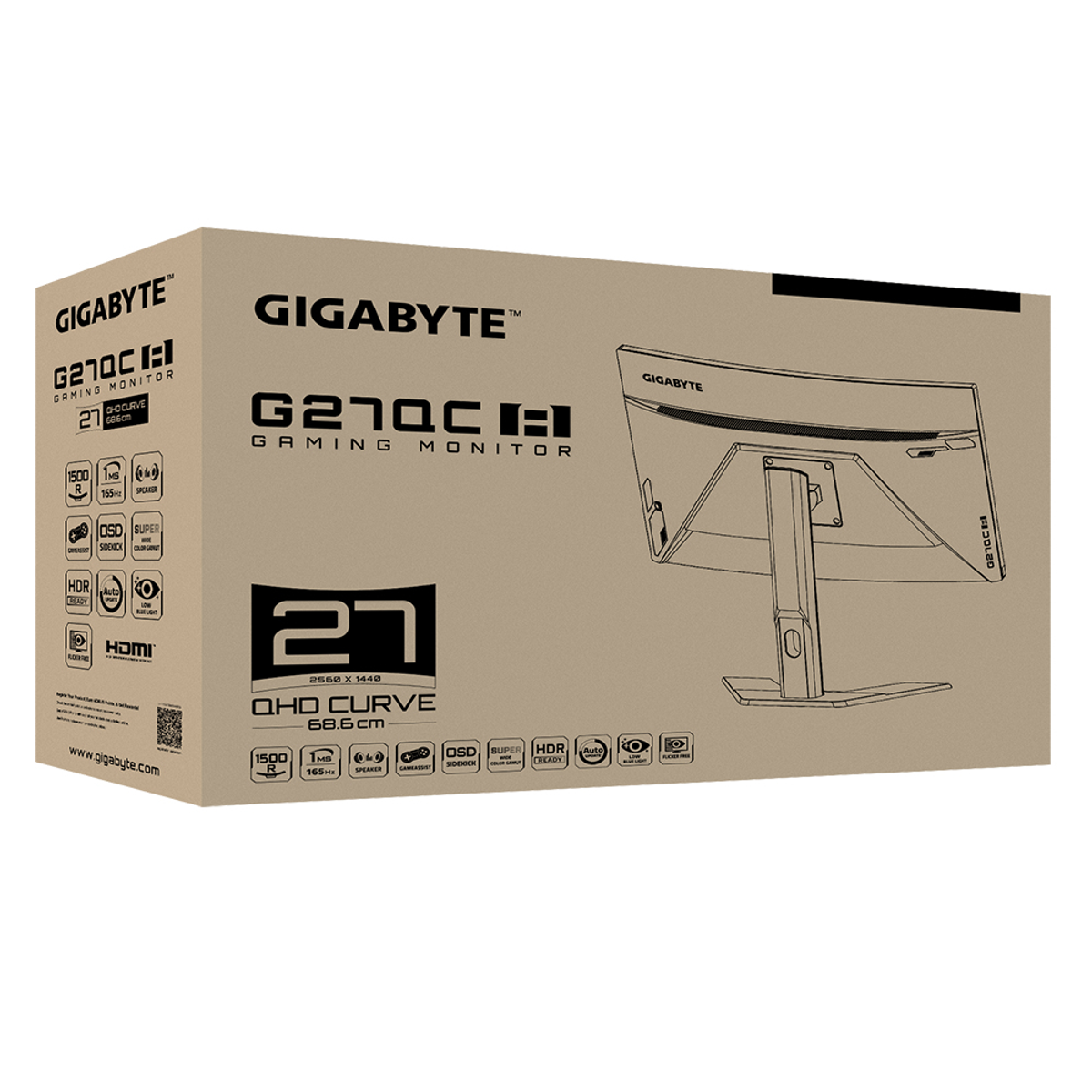 Scatola del monitor da gioco GIGABYTE. La scatola mostra il monitor.