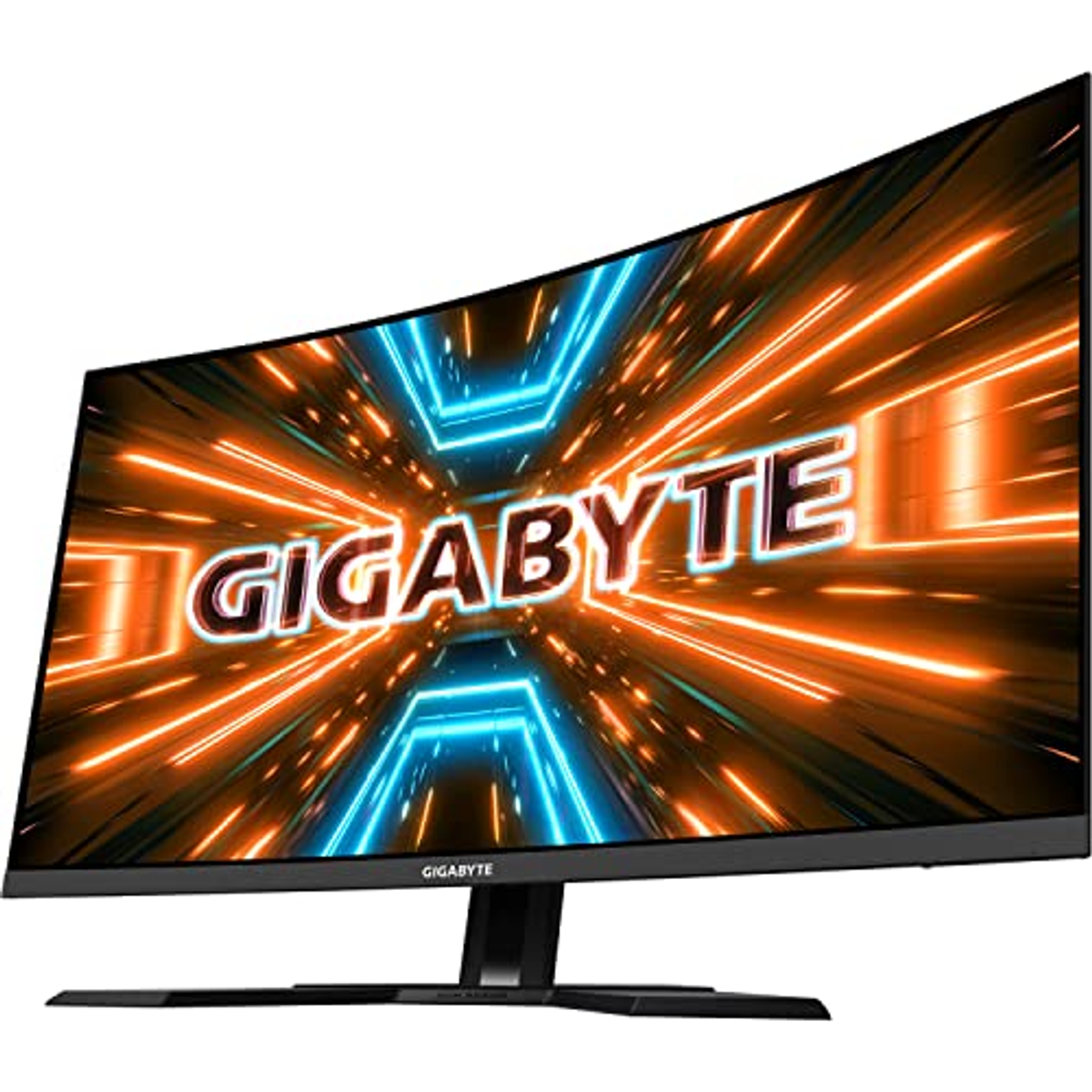 Zakrzywiony monitor do gier Gigabyte. Ekran wyświetla pomarańczową i niebieską grafikę.