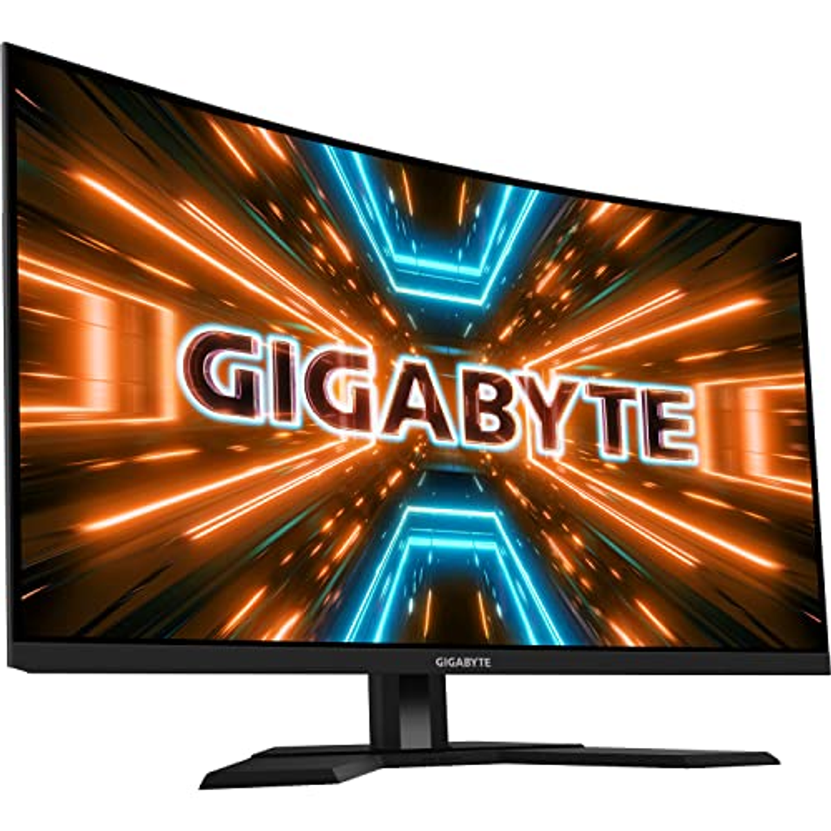 Czarny zakrzywiony monitor z logo GIGABYTE. Wyświetlacz pokazuje pomarańczowe i niebieskie wzory.