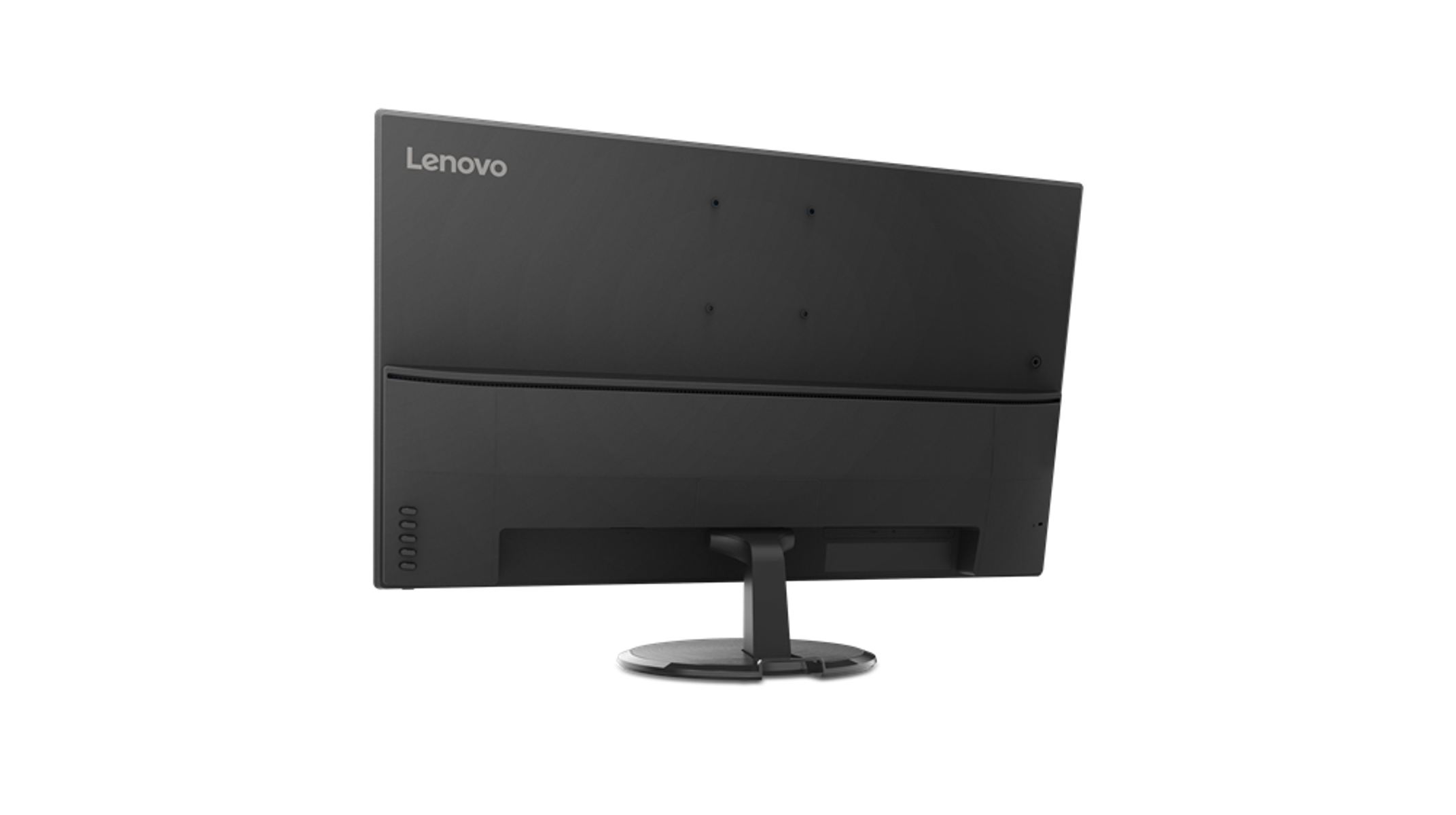 Tył czarnego monitora Lenovo. Monitor stoi na stojaku.