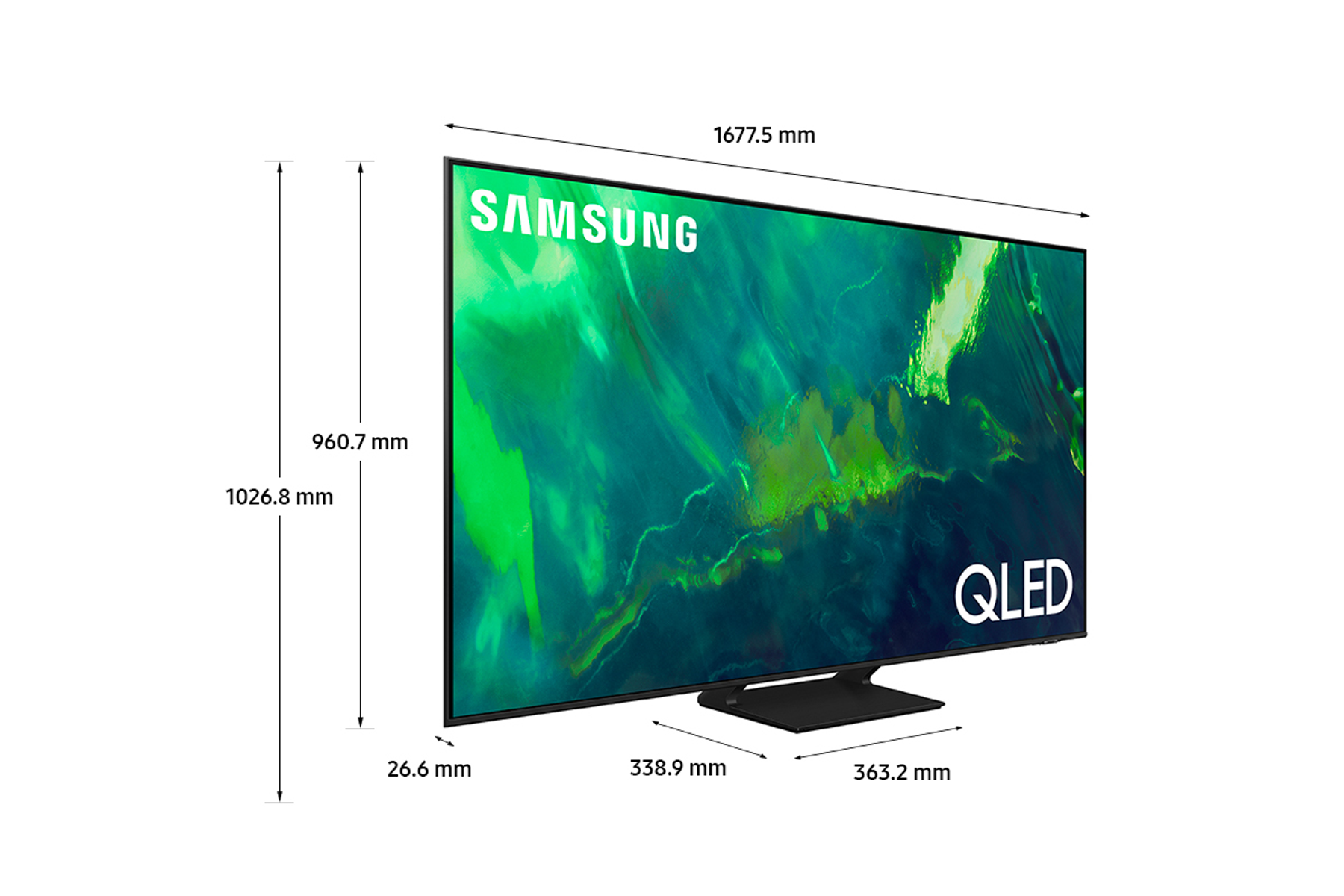 Duży ekran telewizora ze sceną natury. Wymiary są wyświetlane z boku telewizora. Czarna ramka.